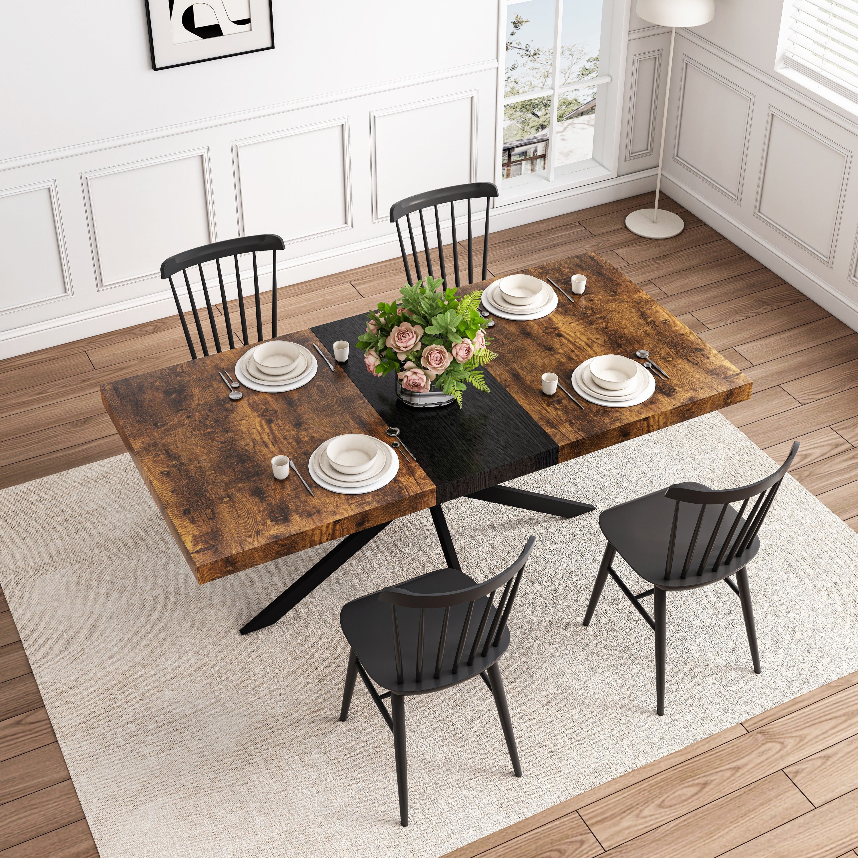 Retro Rectangular Stretch Dining Table with Antique Wood Top and Black Iron Base, Brown+Black, MDF+Metal, 55.11'-70.86'L - Grand Goldman Shop