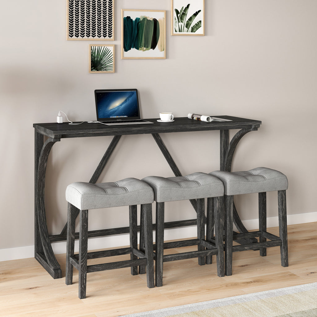 Bar Table Set with Power Outlet, Bar Table and Chairs Set, 4 Piece Dining Table Set, Industrial Breakfast Table Set, for Living Room, Dining Room, Game Room - Grand Goldman Shop