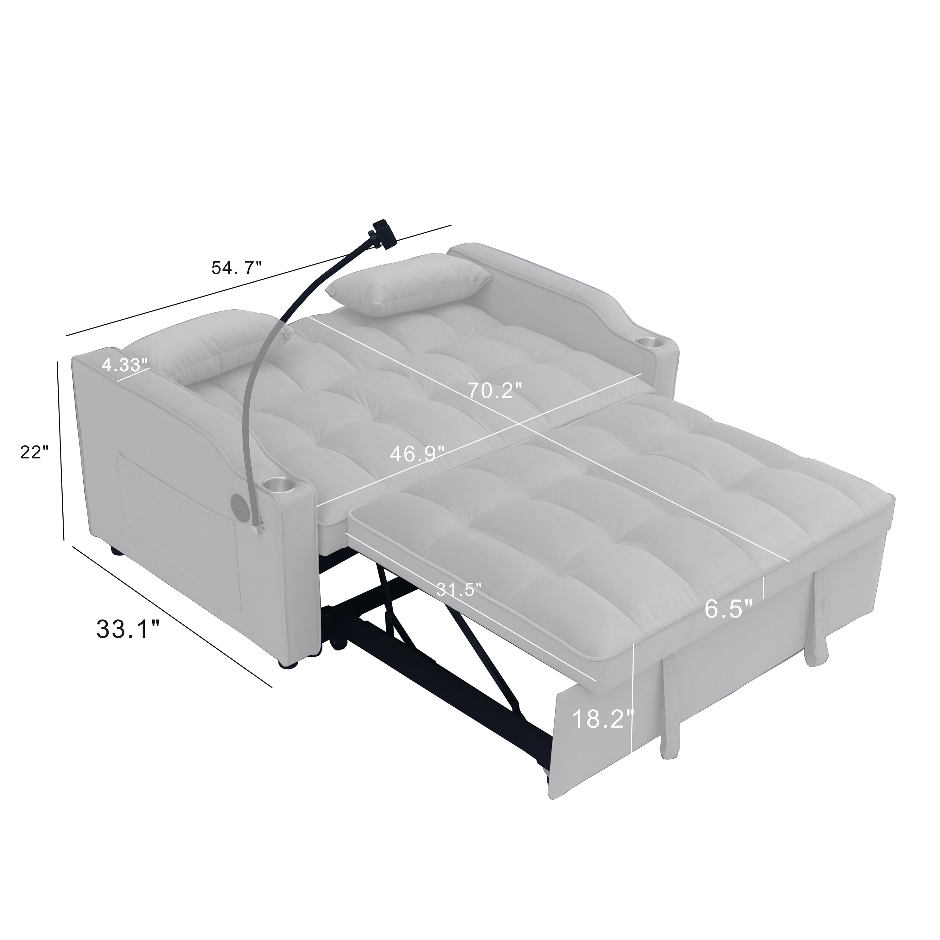 Modern Velvet Loveseat Futon Sofa Couch with Pullout Bed, Adjustable Backrest, Toss Pillows, Light Gray - Grand Goldman Shop