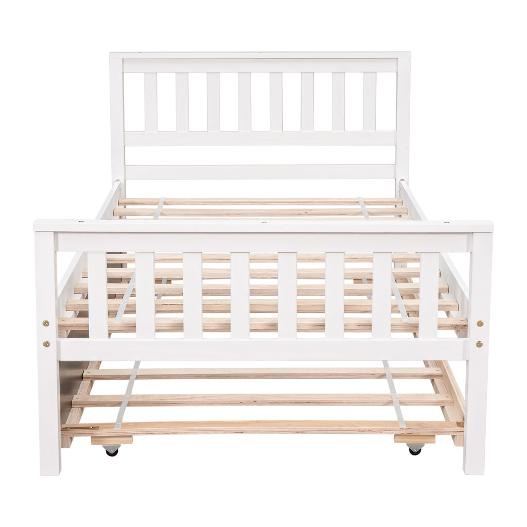 Twin Bed with Trundle, Platform Bed Frame with Headboard and Footboard, for Bedroom Small Living Space,No Box Spring Needed,White - Grand Goldman Shop