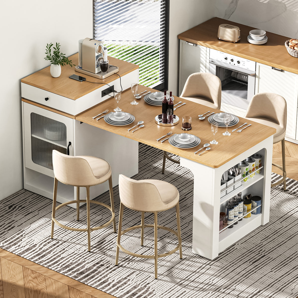 K&K 59.5' Kitchen Island with Extendable Dining Table, Kitchen Storage Table with Double-sided Storage, Kitchen Island with 2 Drawers, Power Outlet, Side Open Shelves, for Kitchen, Dining Room, White - Grand Goldman Shop