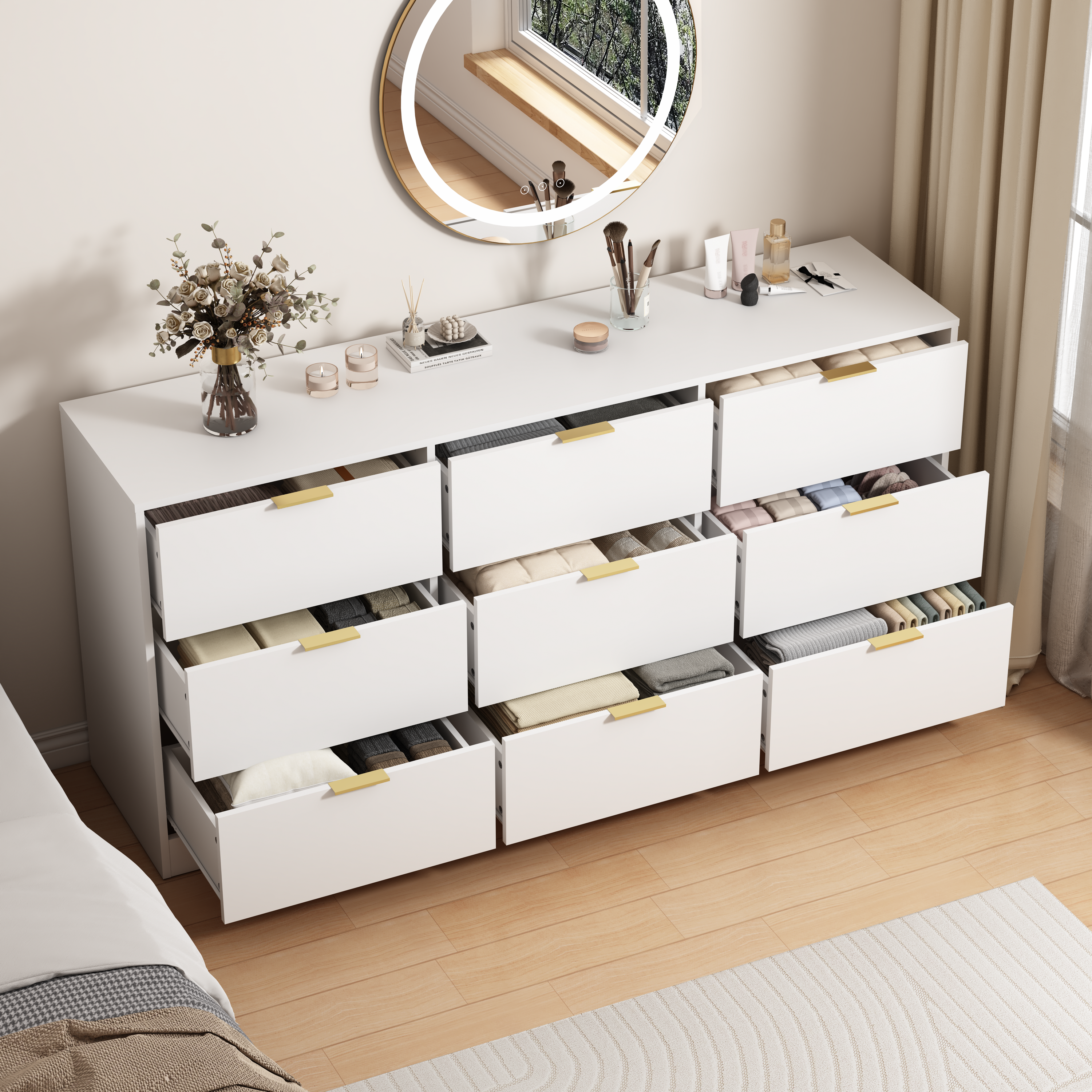 White 9 Drawer Dresser, 63' Large Deep Chest of Drawers, Wooden Dresser Storage Cabinet with 9 Drawers for Bedroom, Long Dressers for Living Room, Hallway - Grand Goldman Shop