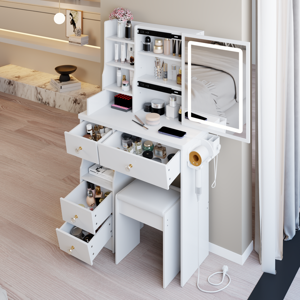 29.2' Small Size Left Drawer Desktop Vanity Table + Cushioned Stool, 2 AC+2 USB Power Station, Hair dryer bracket, Extra Large Touch Control Sliding LED Mirror, Tri-color Switching, Brightness Adjust - Grand Goldman Shop