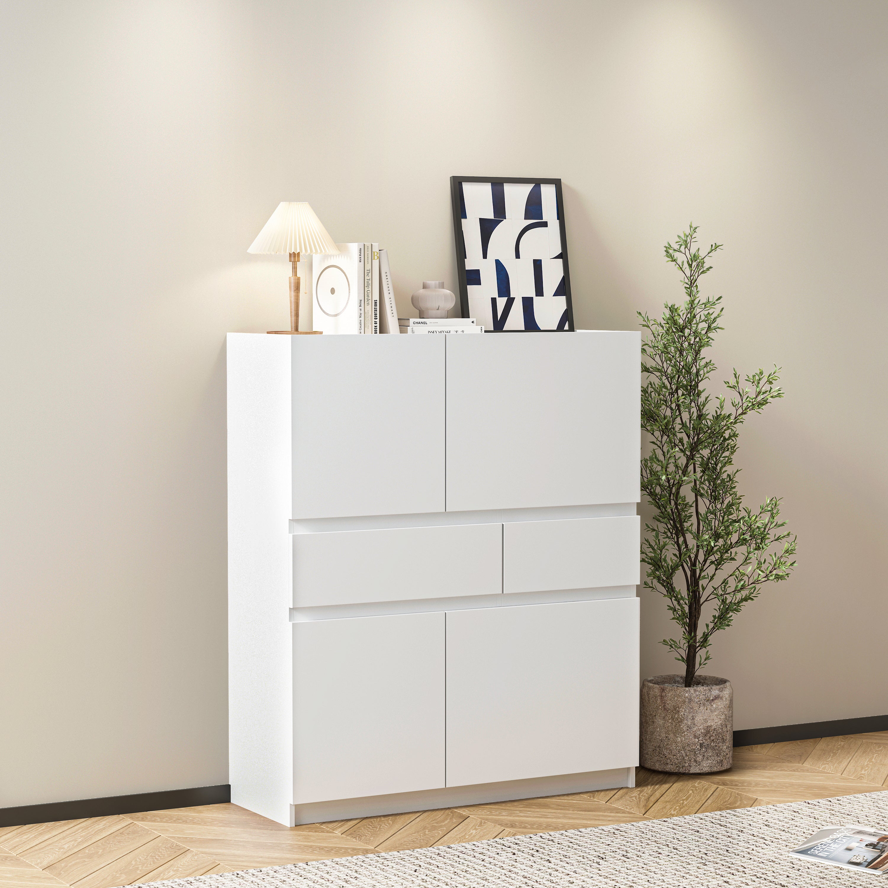 White wooden storage cabinet with 4 doors and 2 drawers - Grand Goldman Shop