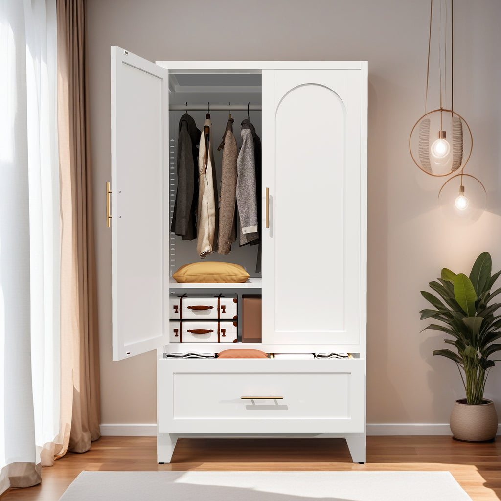 60' Tall Metal Wardrobe Cabinet with 1 Drawer and Hanging Rod, 2 Doors Wardrobe Closet with Shelf for Bedroom, Office, Laundry Room, Entryway, Foyer, Guesthouse (White) - Grand Goldman Shop