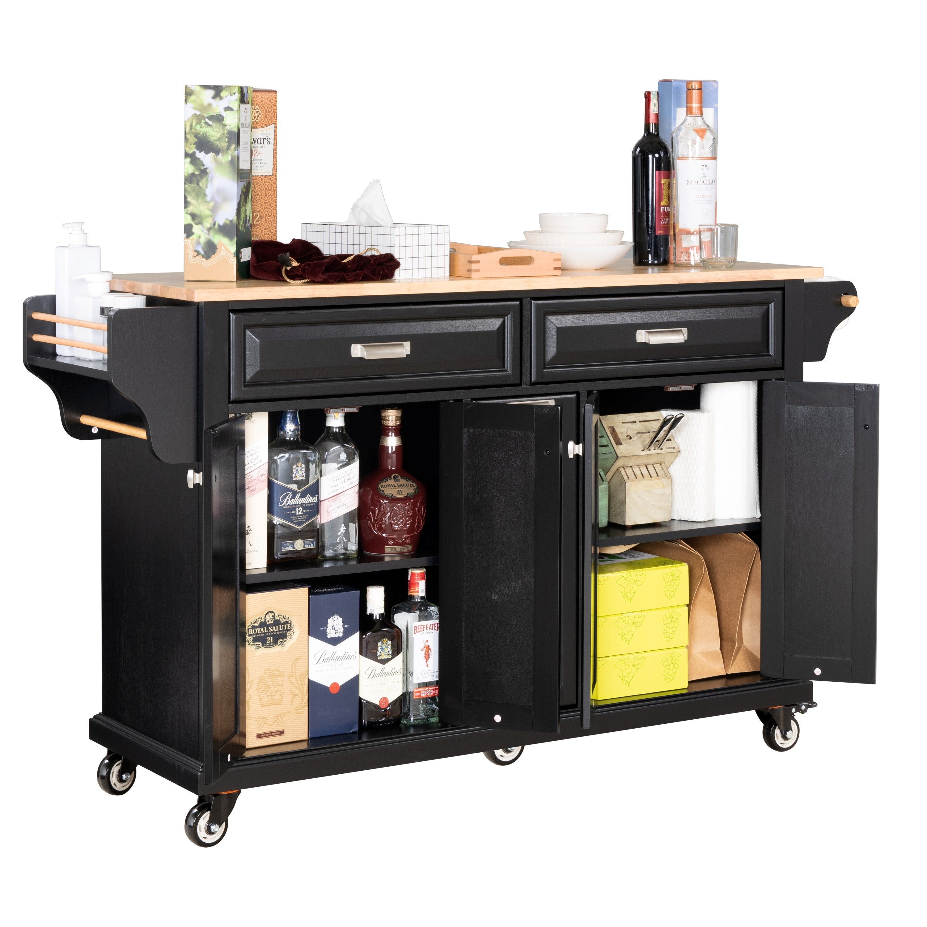 Kitchen Island with Rubber wood Countertop, Kitchen Cart on 5 Wheels with Storage Cabinet and 2 Top Drawers and A center double layered storage drawer for Dinning Room, Black - Grand Goldman Shop