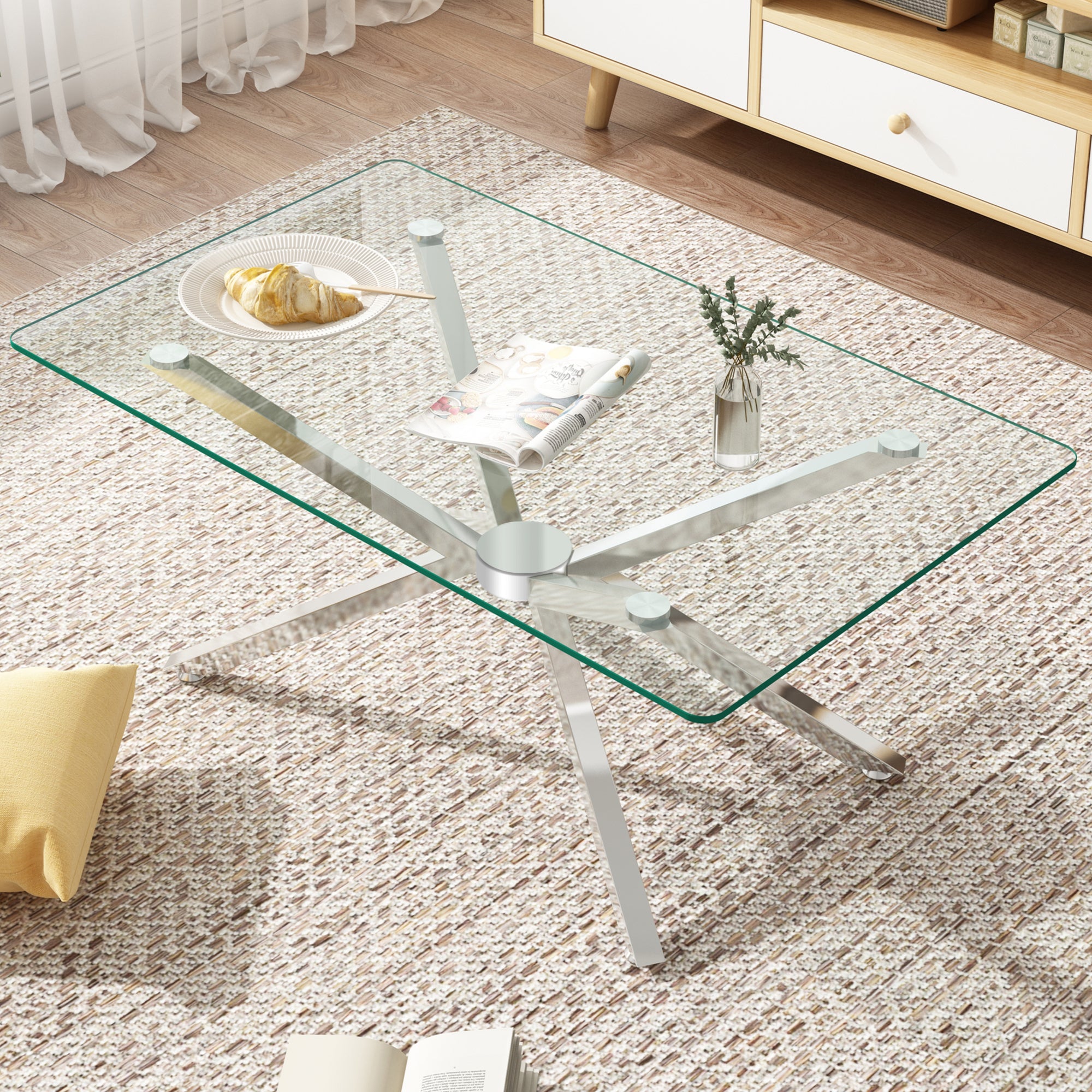 39.37' Rectangular Clear Tempered Glass Coffee Table,Stylish Design with silver Metal Legs, Coffee Table for Living Room - Grand Goldman Shop