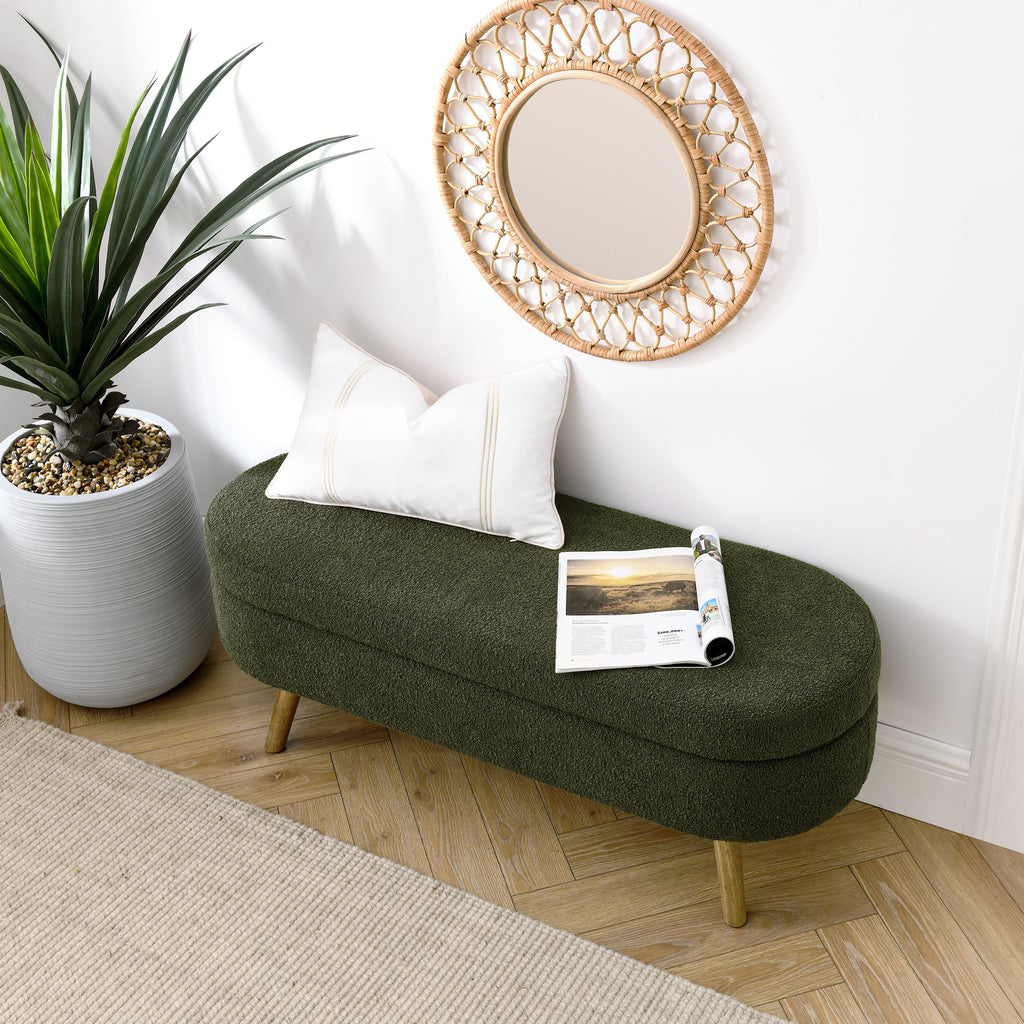 Elegant Ottoman Oval Storage Bench with Rubber Wood Legs in Green, Foam Upholstery, 43.5'x16'x16' - Grand Goldman Shop