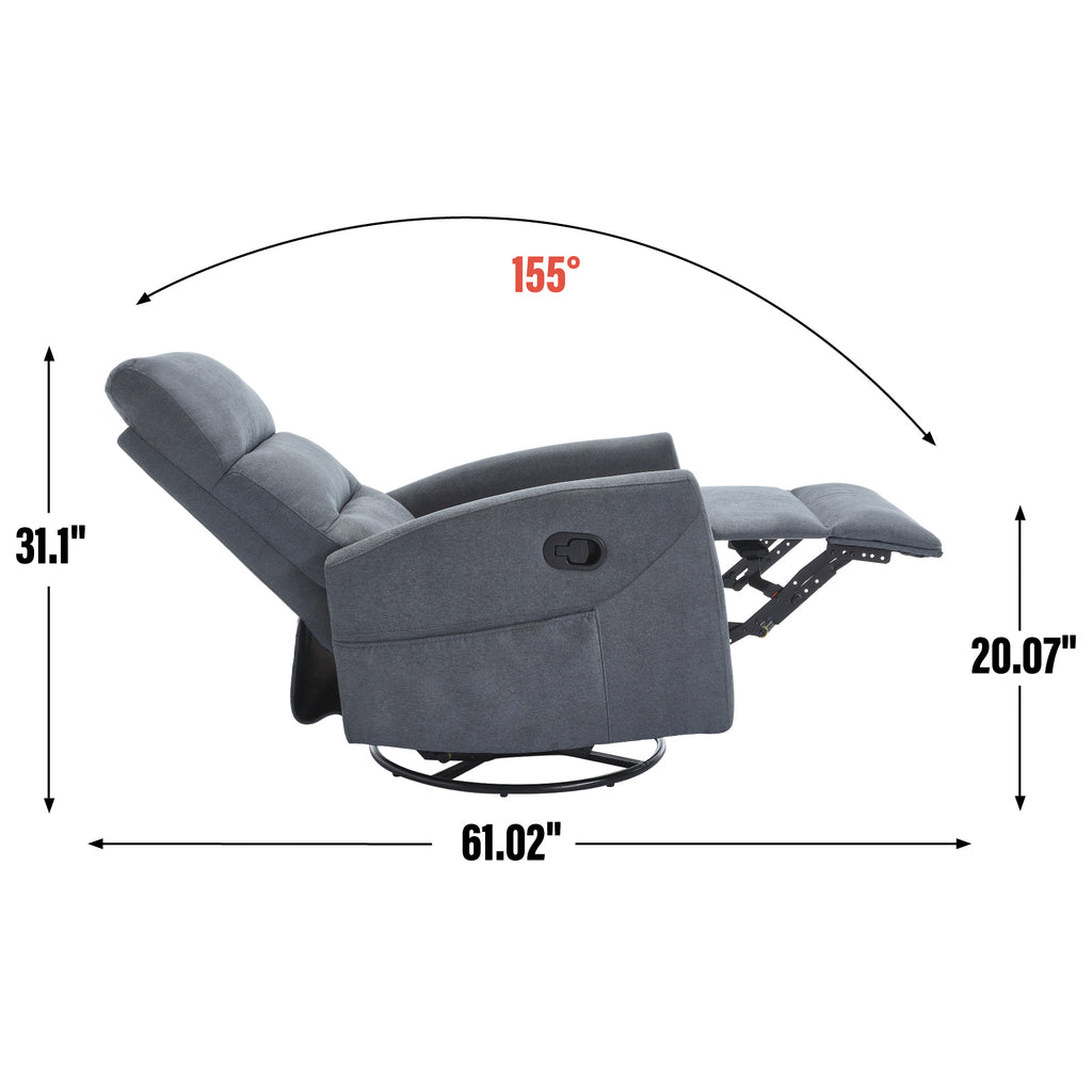 Manual Recliner Chair with Rocker and Swivel in Fabric for Living Room, Grey - Grand Goldman Shop