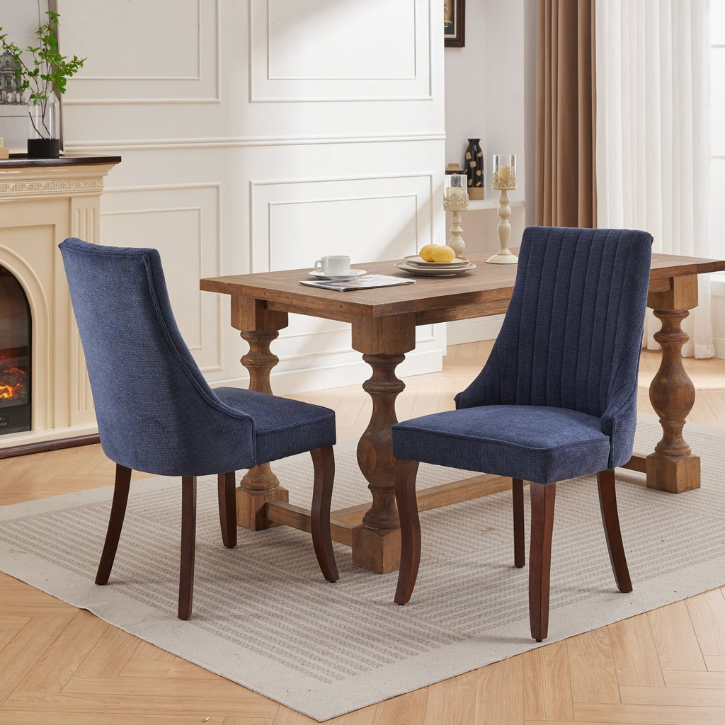 Rayon Cloth Flocking Linen Dining Chairs Channel Kitchen Dinner Chair Comfy Fabric Upholstered Accent Chair for Dining Room with Curved Solid Wood Legs,Set of 2 (Blue), SW1847BL - Grand Goldman Shop