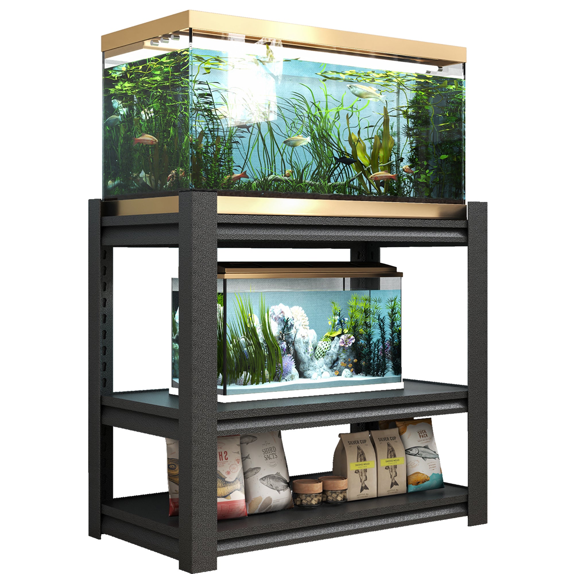 Metal Aquarium Stand 20-30 Gallon Adjustable 3-Tier Fish Tank Rack Shelf - Black, Heavy Duty, 34'W x 18'D x 31'H - Grand Goldman Shop