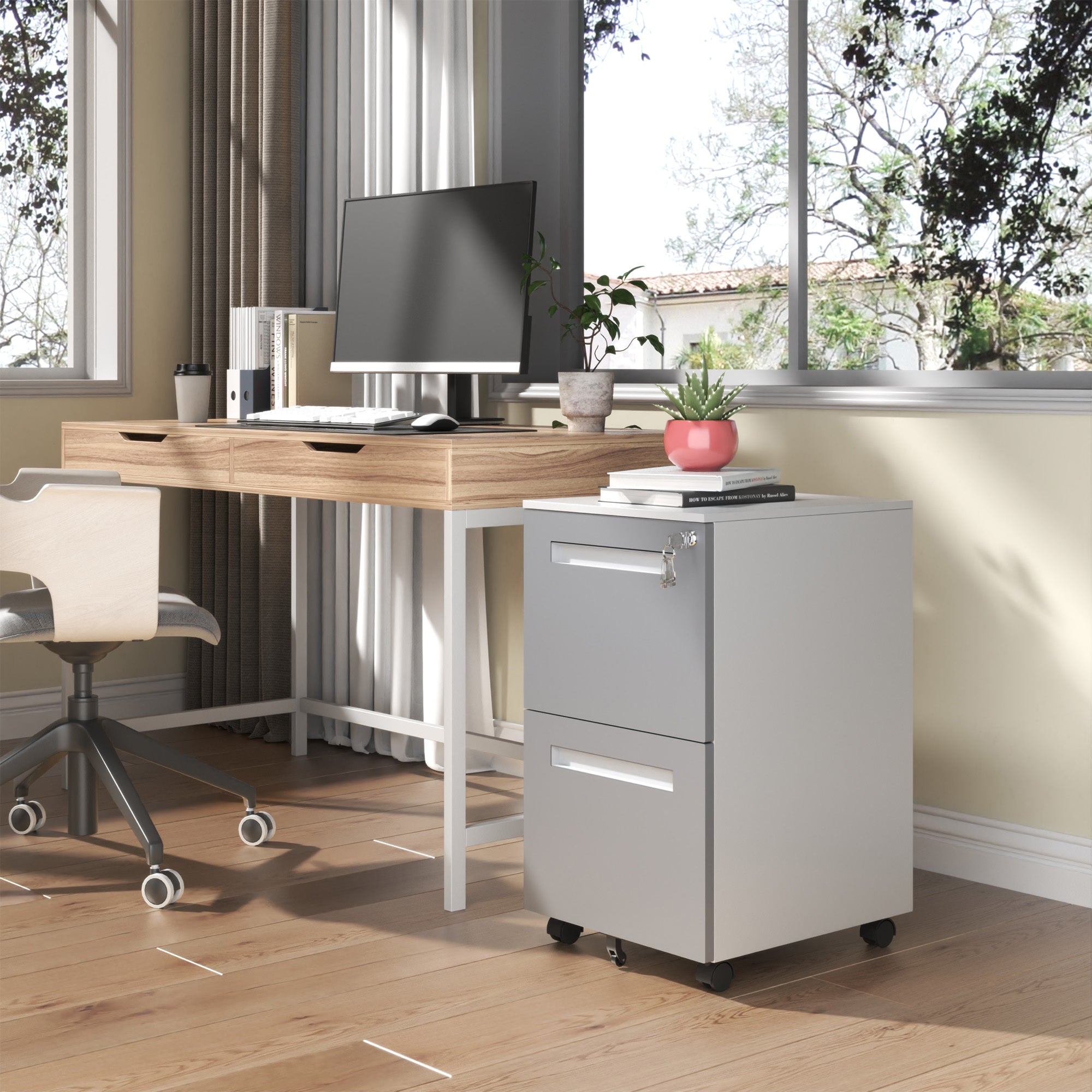 Stylish 2-Drawer Mobile File Cabinet with Lock, All-Steel Metal Storage Cabinet on 360° Wheels, White Finish, Holds A4/Letter