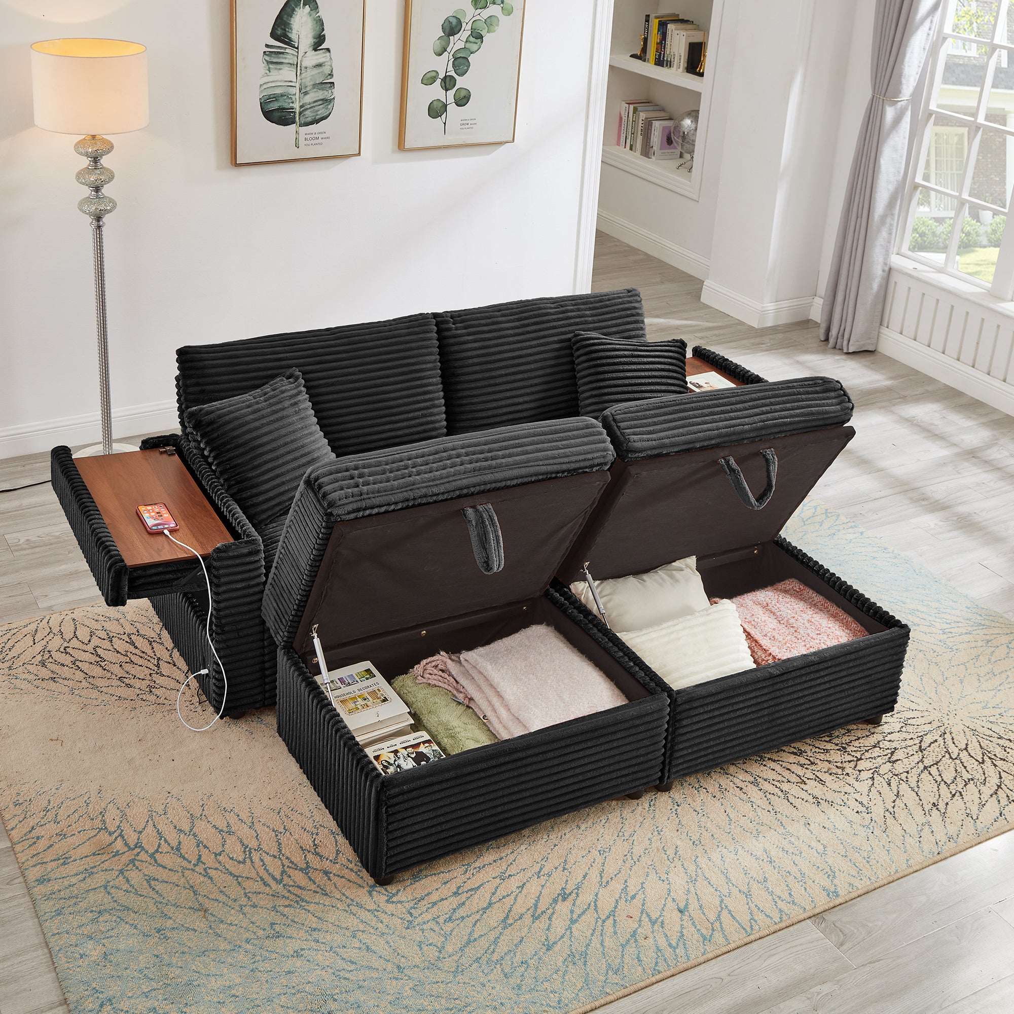 Comfortable Fluffy Corduroy Lazy Sofa, Storage Space for Big Loveseat, Super Soft Chaise Lounge with Double Ottomans and Table Board,Suitable for Chailiving - Grand Goldman Shop