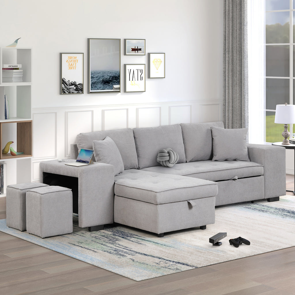 Modern Reversible L-Shape Pull Out Sleeper Sofa with Storage Chaise and Stools, Gray Linen, 104.5' - Grand Goldman Shop