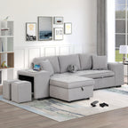 Modern Reversible L-Shape Pull Out Sleeper Sofa with Storage Chaise and Stools, Gray Linen, 104.5' - Grand Goldman Shop