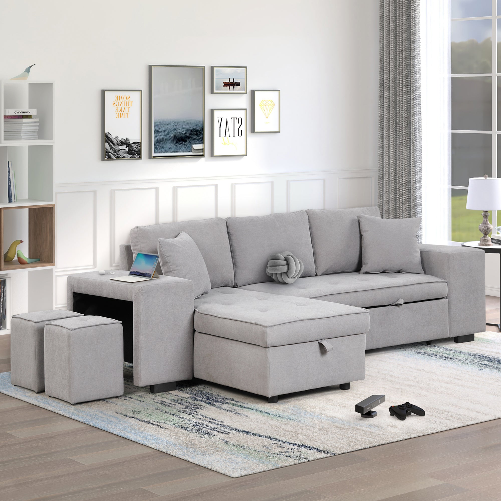 Modern Reversible L-Shape Pull Out Sleeper Sofa with Storage Chaise and Stools, Gray Linen, 104.5' - Grand Goldman Shop