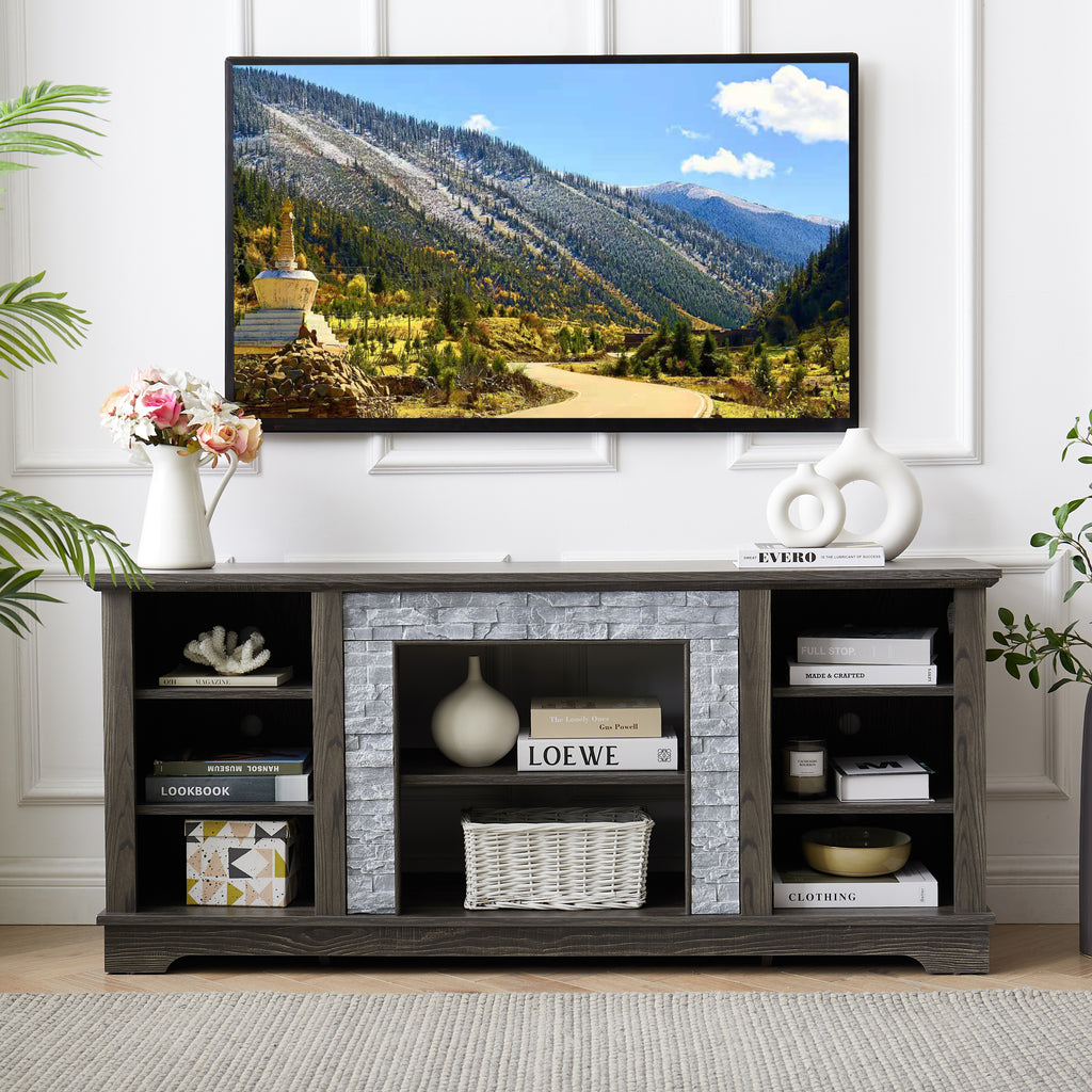 Mantel Stone TV Media Stand with with Faux Stacked Stone Surround, Modern Entertainment Console with Open Storage Space,Grey, 58.31'W*15.39'D*26.06'H - Grand Goldman Shop