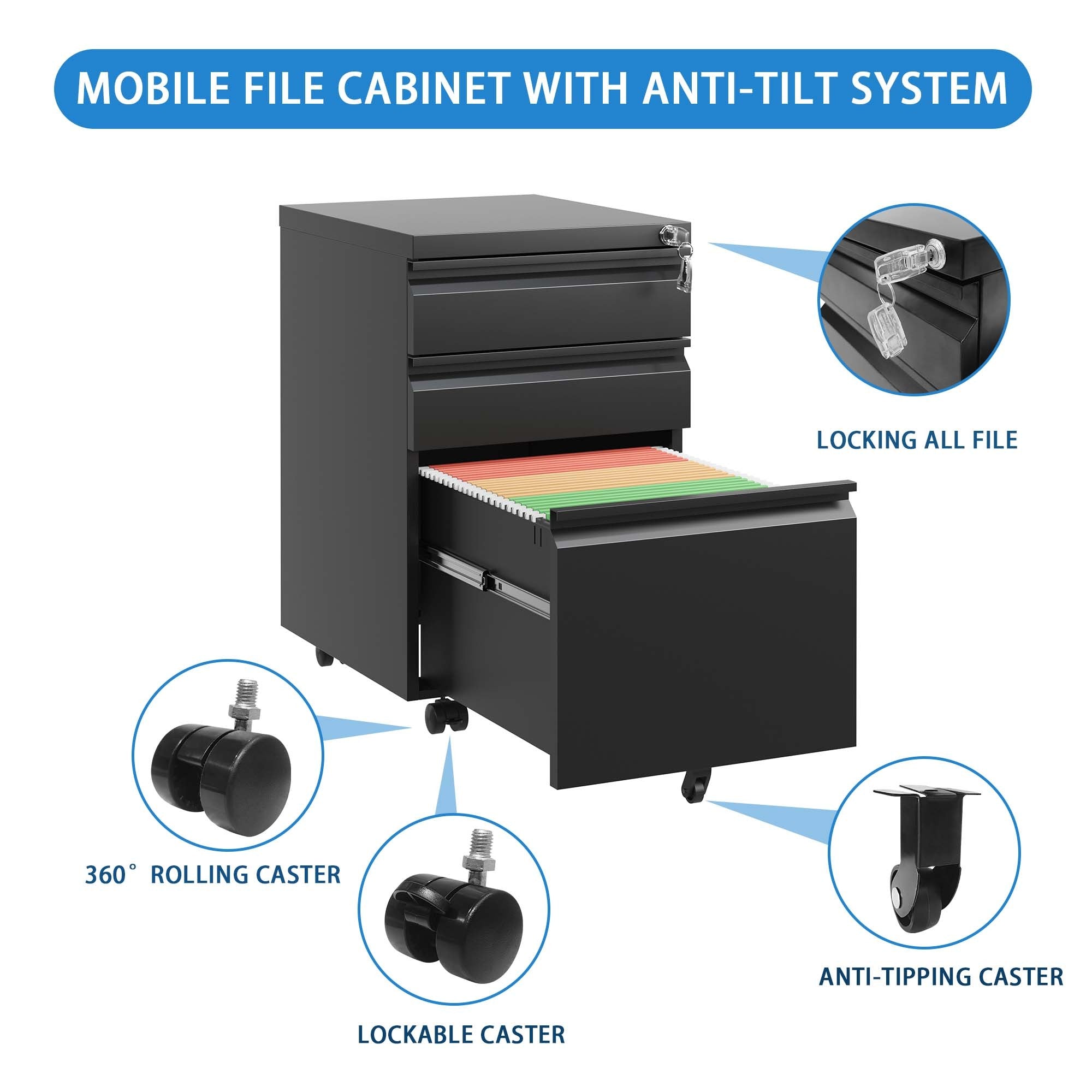 Black Metal 3 Drawer Mobile File Cabinet with Lock for Home Office Organizer, Fully Assembled - Grand Goldman