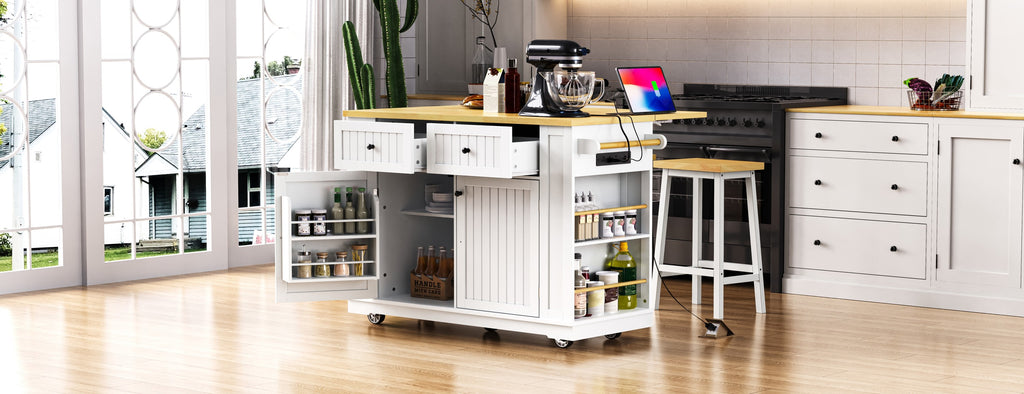 48 inch Kitchen Island with Drop Leaf,Power Outlet,Internal Storage Rack,Rolling Kitchen Storage Cart on 5 Wheels with 5 Open Side Racks for Kitchen,White (Old SKU N707P257057W)(Not Include Stools) - Grand Goldman Shop