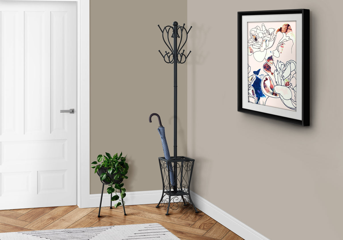 Coat Rack, Hall Tree, Free Standing, 8 Hooks, Entryway, 71'h, Umbrella Holder, Bedroom, Black Metal, Transitional - Grand Goldman Shop