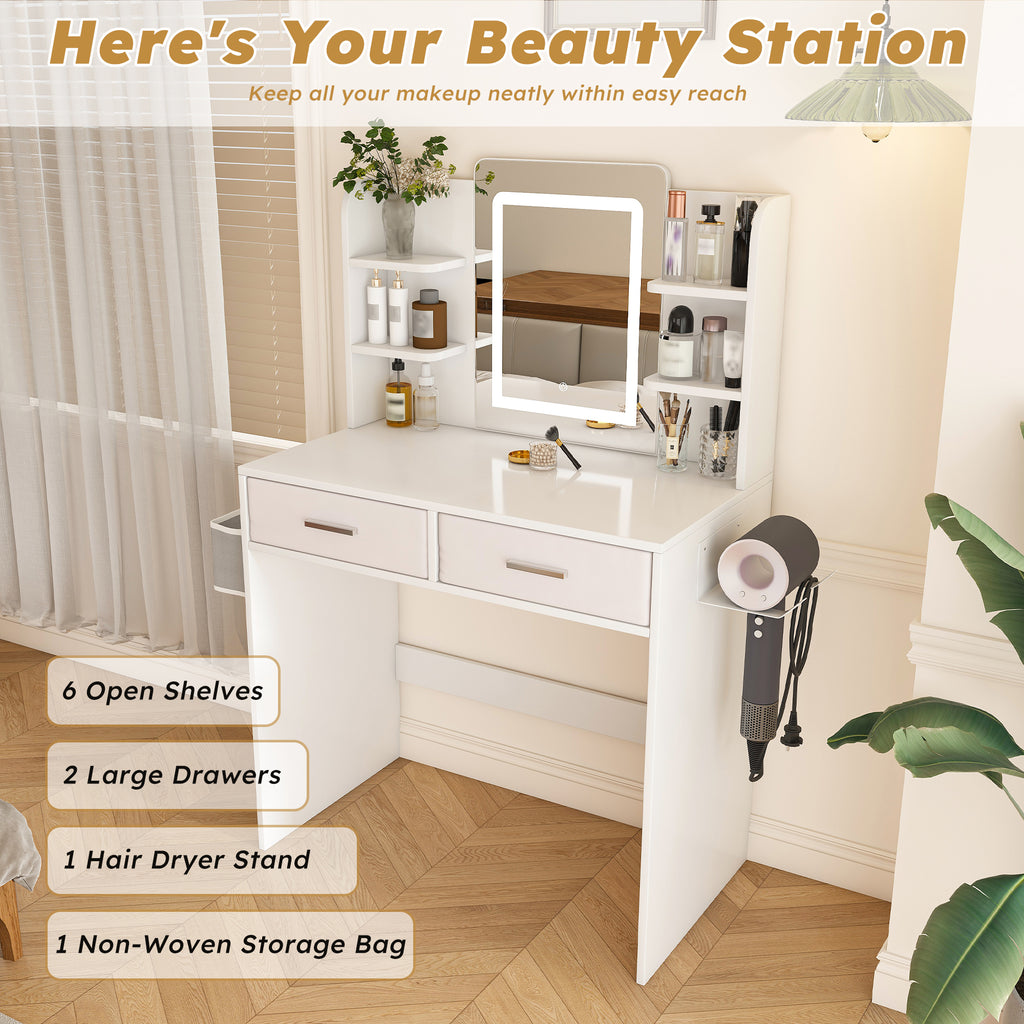 Elegant LED Mirror Vanity Dressing Table with Adjustable Lights, Drawers & Storage, White MDF, 27.56 x 15.75 Inches - Grand Goldman Shop