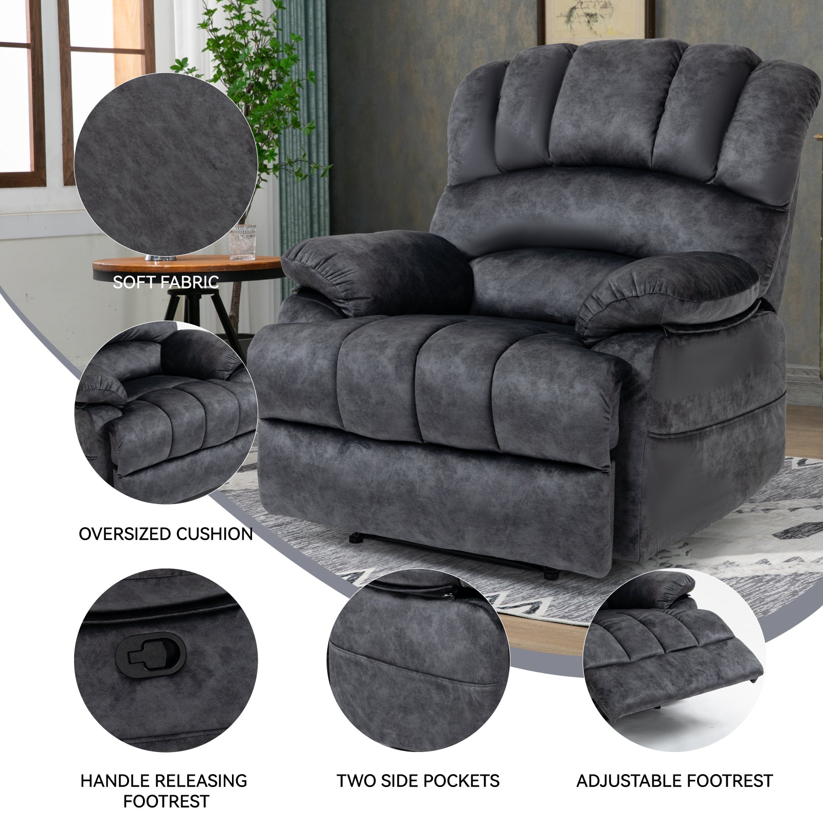 Large Manual Recliner Chair in Fabric for Living Room, Grey - Grand Goldman Shop