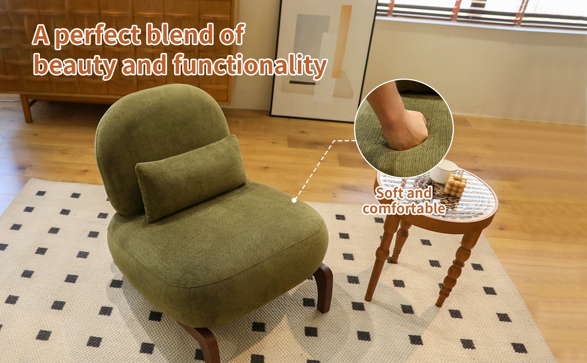 Cute Accent Chair with Solid Wood Legs, Velvet Living Room Chair with Soft Cushion, Cozy Bedroom Chair, Comfy Armless Reading Chair for Apartment, Waiting Room, Balcony (Green) - Grand Goldman Shop