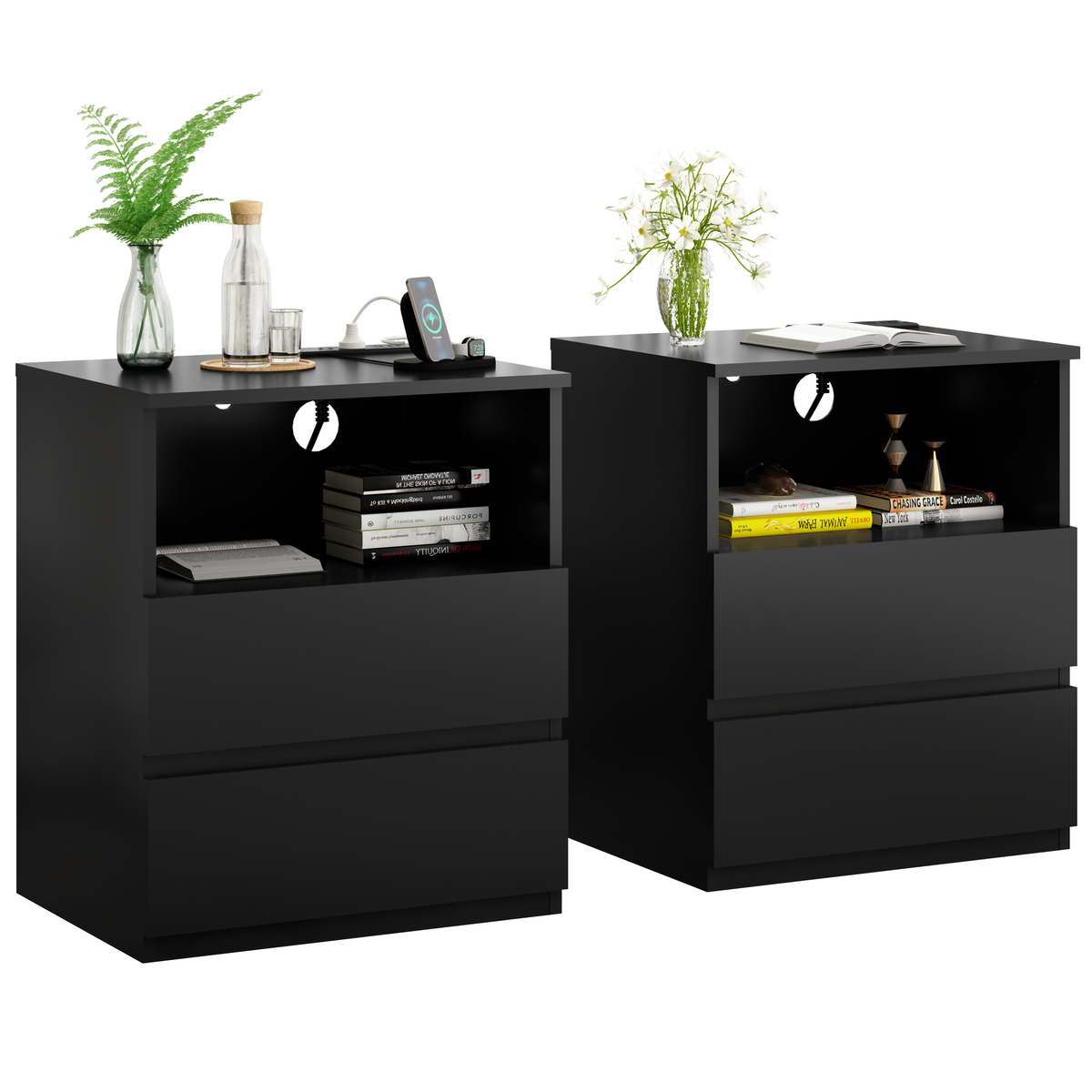 (Set of 2)End Table with Fast USB C Charging Station, Sofa Side Table with 2 Drawers, Large Storage Modern Wood Storage Cabinet for Living Room,Bedroom,Office, Black - Grand Goldman Shop