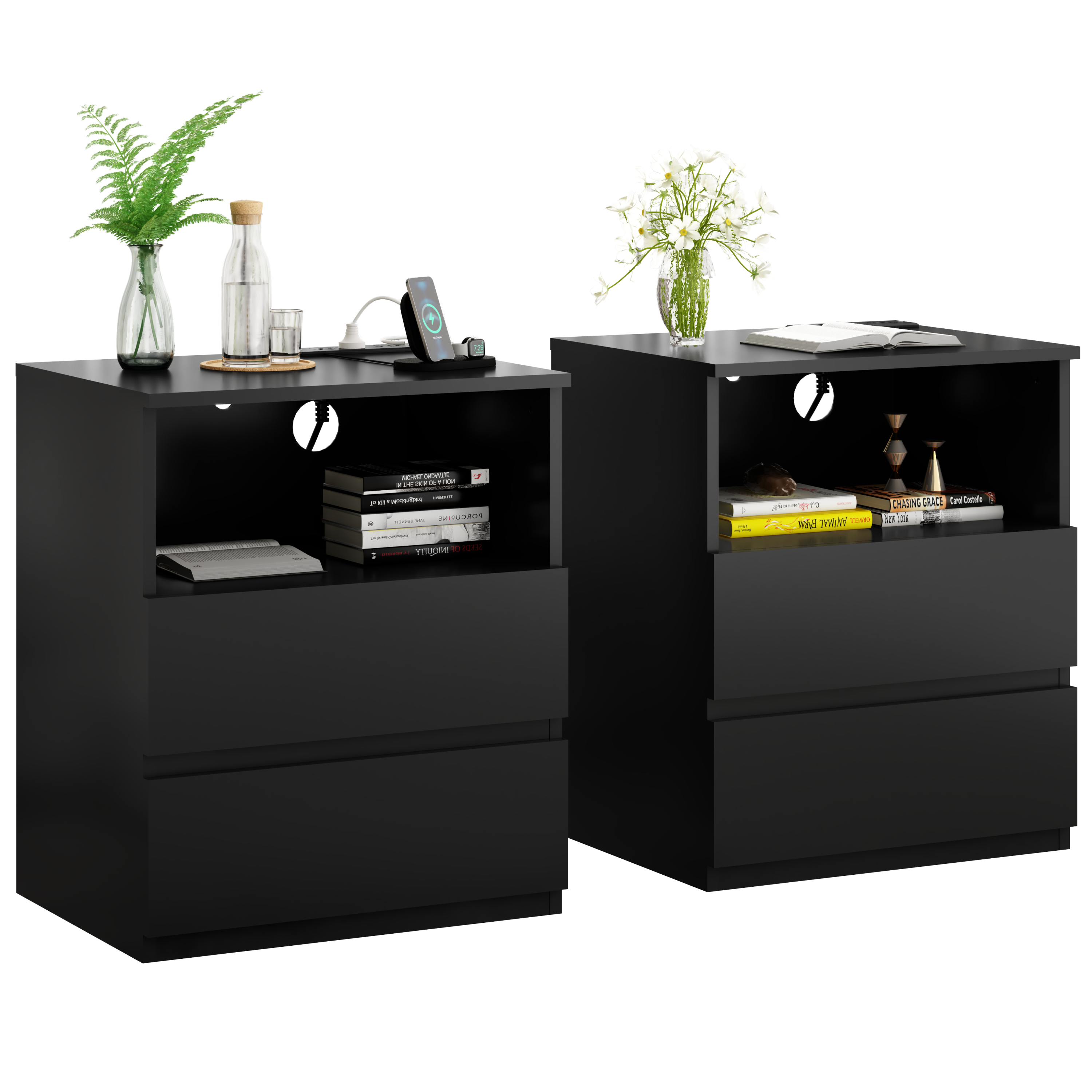 (Set of 2)End Table with Fast USB C Charging Station, Sofa Side Table with 2 Drawers, Large Storage Modern Wood Storage Cabinet for Living Room,Bedroom,Office, Black - Grand Goldman Shop