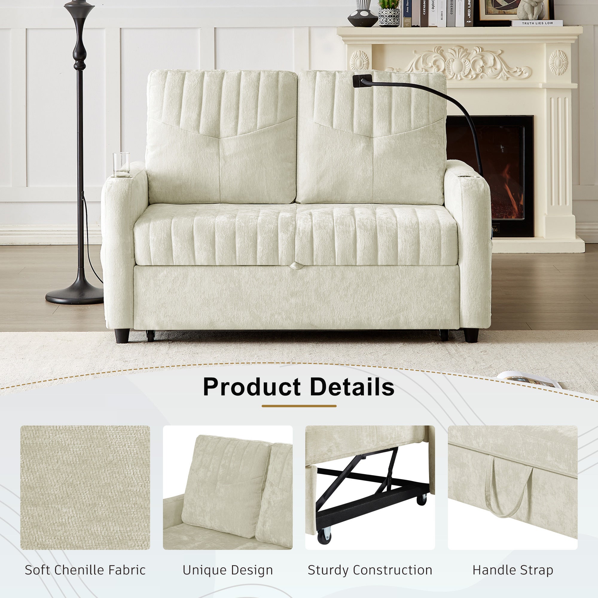 Modern 53.9' Loveseat Pull-out Sofa Bed with Adjustable Backrest, Cup Holders, Charging Ports & Side Storage in Beige Chenille - Grand Goldman Shop