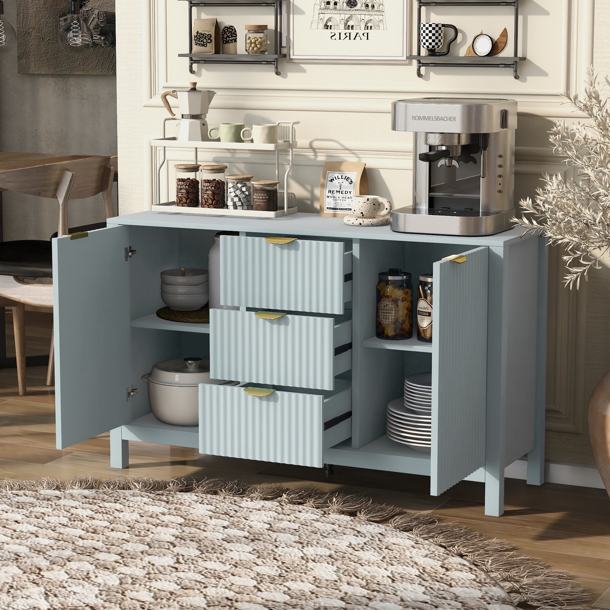 U_STYLE Sideboard with Wave Design - 3 Adjustable Shelves, 3 Drawers & Soft-Close Doors, Storage Console Table with Metal Handles, Suitable for Study, Hallway and Living Room, 3 Colors - Grand Goldman Shop
