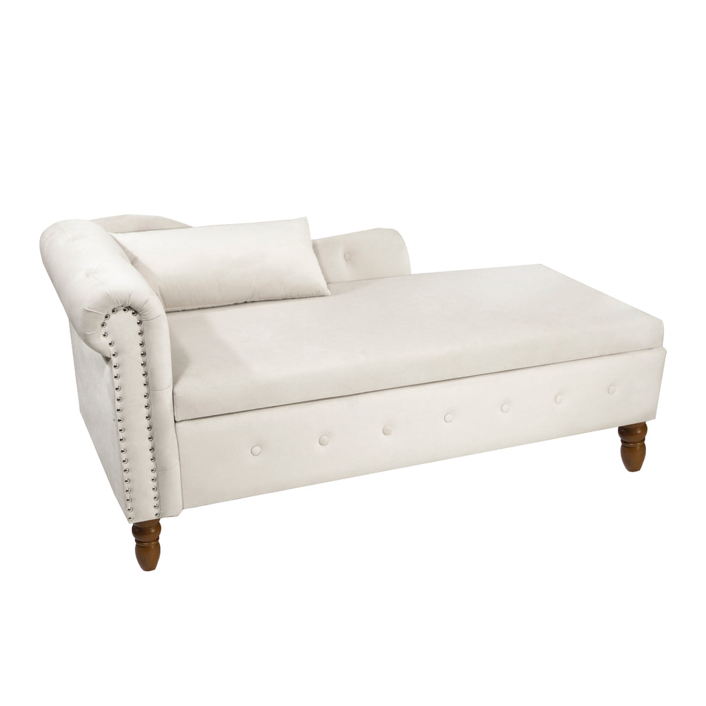 Beige Chaise Lounge Indoor, Velvet Lounge Chair for Bedroom with Storage & Pillow, Modern Upholstered Rolled Arm Chase Lounge for Sleeping with Nailhead Trim for Living Room Bedroom Office - Grand Goldman Shop