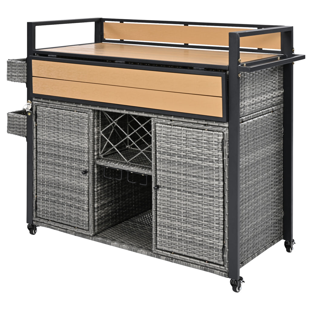 K&K 52.8'W Wicker Outdoor Grill Cart with Extended Plastic Wood Table Top, Rolling Kitchen Island on Wheels with Storage Cabinet, for Patio Backyard Garden Poolside, Double Handle Design, Grey - Grand Goldman Shop
