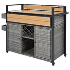 K&K 52.8'W Wicker Outdoor Grill Cart with Extended Plastic Wood Table Top, Rolling Kitchen Island on Wheels with Storage Cabinet, for Patio Backyard Garden Poolside, Double Handle Design, Grey - Grand Goldman Shop