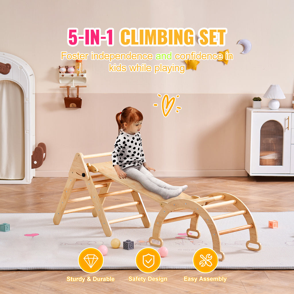 Pikler Triangle Set, 5 in 1 Toddler Climbing Toys Indoor Playground, Ramp, and Arch, Montessori Climbing Set with Triangle, M