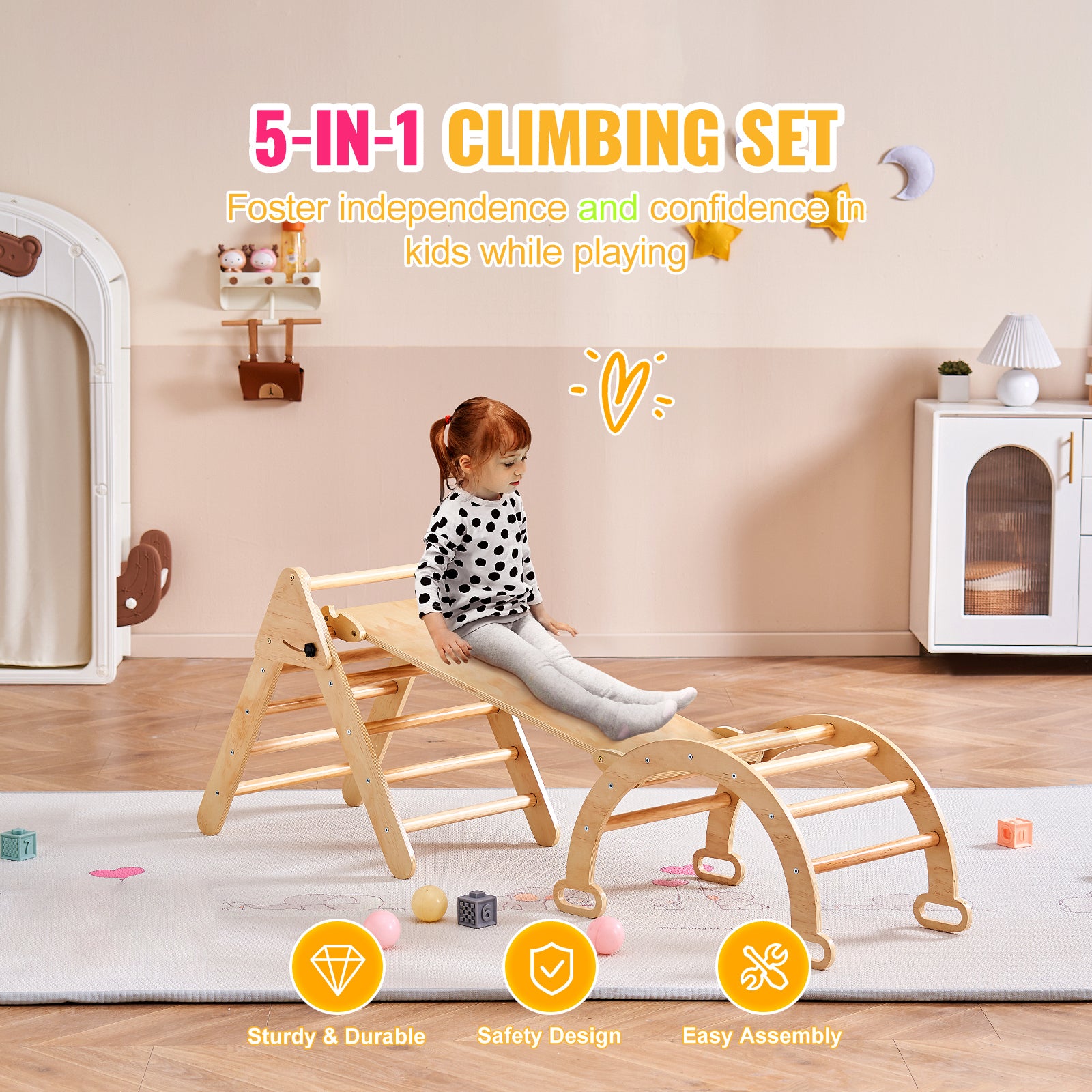 Pikler Triangle Set, 5 in 1 Toddler Climbing Toys Indoor Playground, Ramp, and Arch, Montessori Climbing Set with Triangle, M