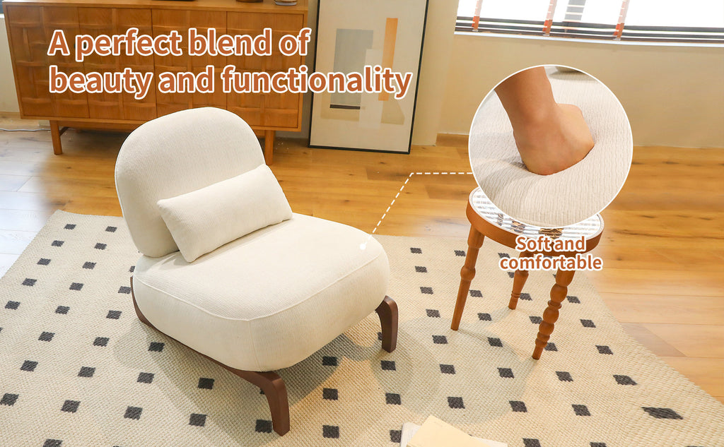 Cute Accent Chair with Solid Wood Legs, Living Room Chair with Soft Fabric Cushion, Cozy Bedroom Chair, Comfy Armless Reading Chair for Apartment, Waiting Room, Balcony (White) - Grand Goldman Shop