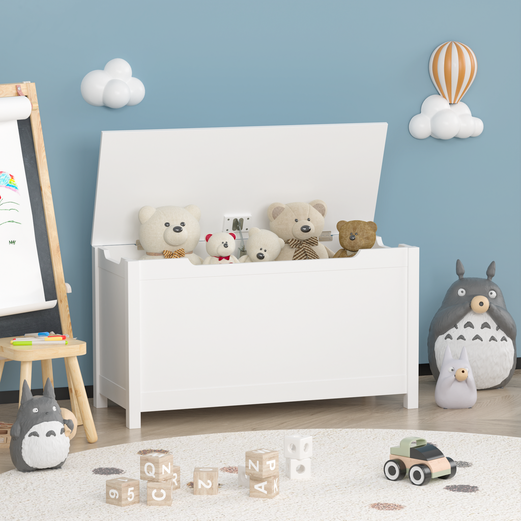 Kids Wooden Toy Box Storage with Safety Hinged Lid for Ages 2+ (White) - Grand Goldman
