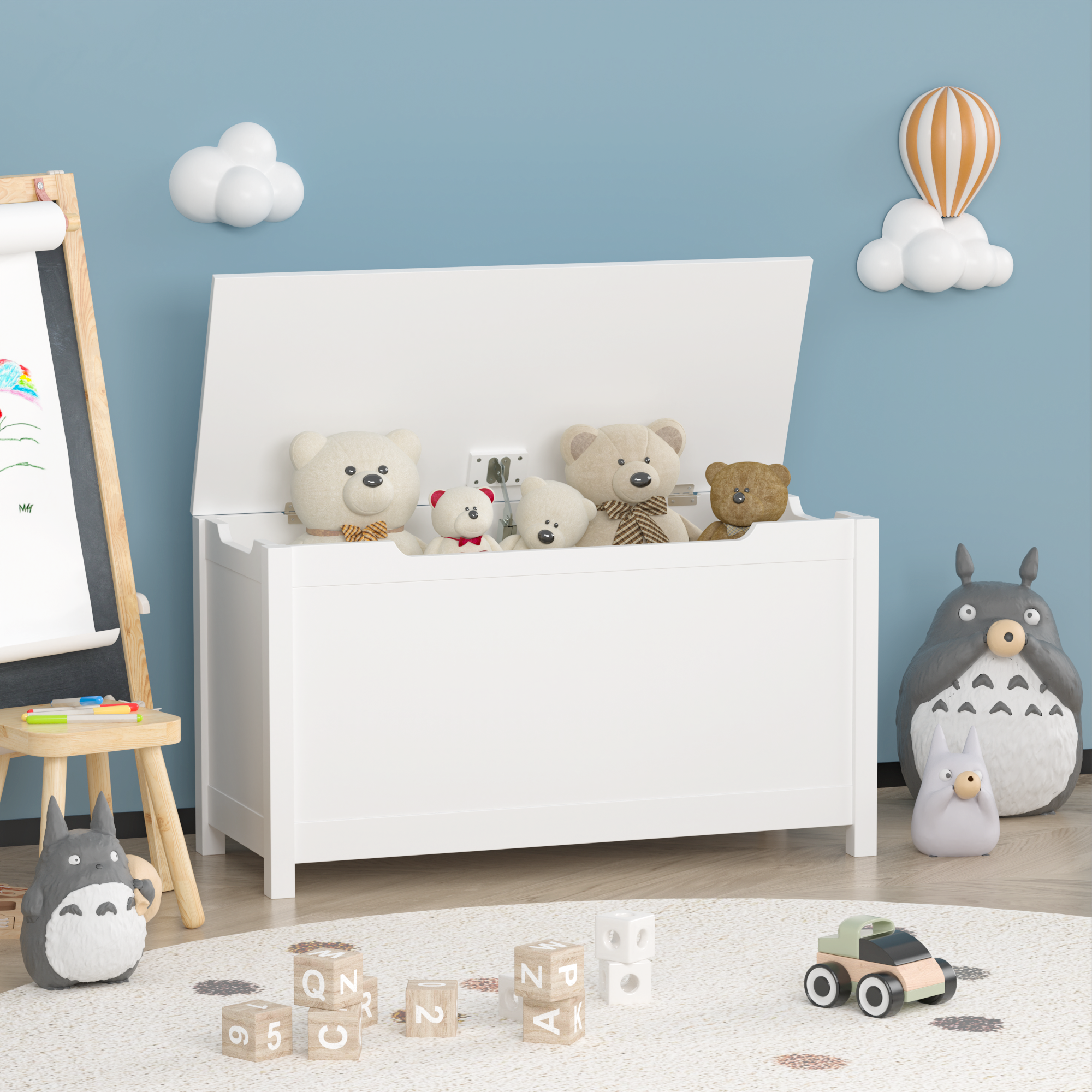 Kids Wooden Toy Box Storage with Safety Hinged Lid for Ages 2+ (White) - Grand Goldman