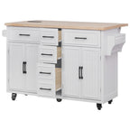 K&K 56.5'' Kitchen Island with Drop Leaf, Power Outlet, Embossed Vertical Stripe Rolling Kitchen Cart on Wheels with 4 Doors , 5 Deep Drawers and Adjustable Shelves, for Kitchen, Dining Room, White - Grand Goldman Shop