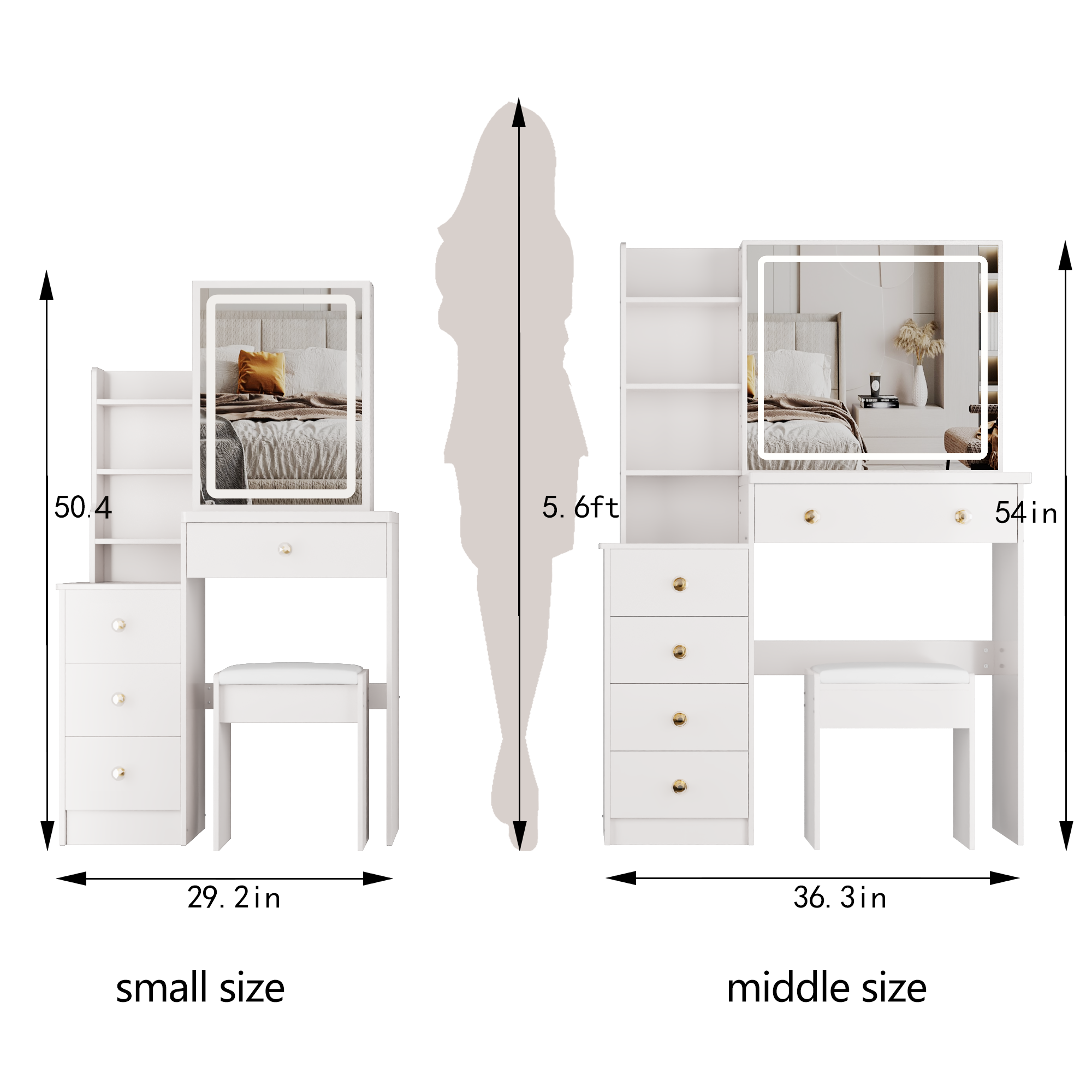 29.2' Small Size Left Bedside Cabinet LED Mirror Vanity Table + Cushioned Stool, Large Sliding, Touch Control, 3-color Switch, Brightness Adjust Mirror, High Capacity Storage, EPA, GCC, UL Certificate - Grand Goldman Shop