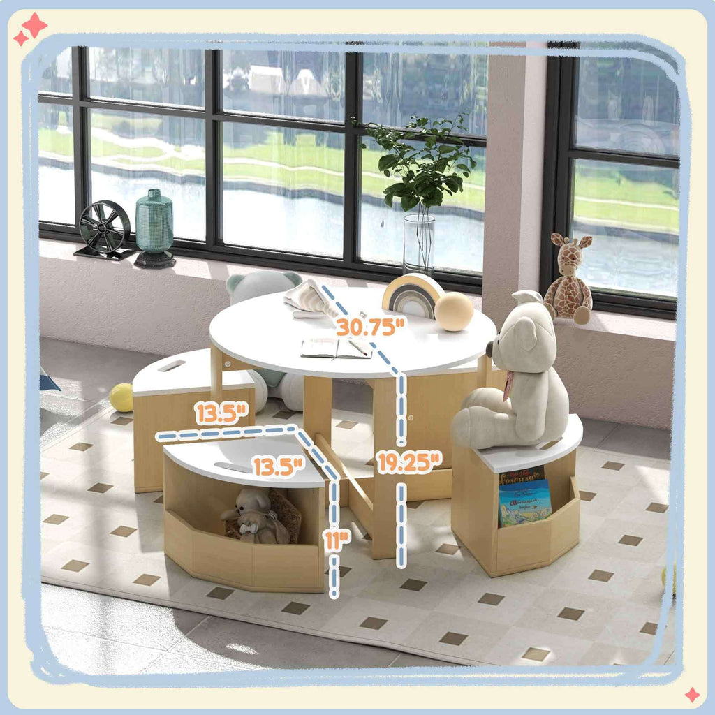 Qaba Kids Table and Chairs Set, 5 Piece Toddler Table and Chairs Set with Storage for Art, Craft, Drawing, Playroom, Classroo