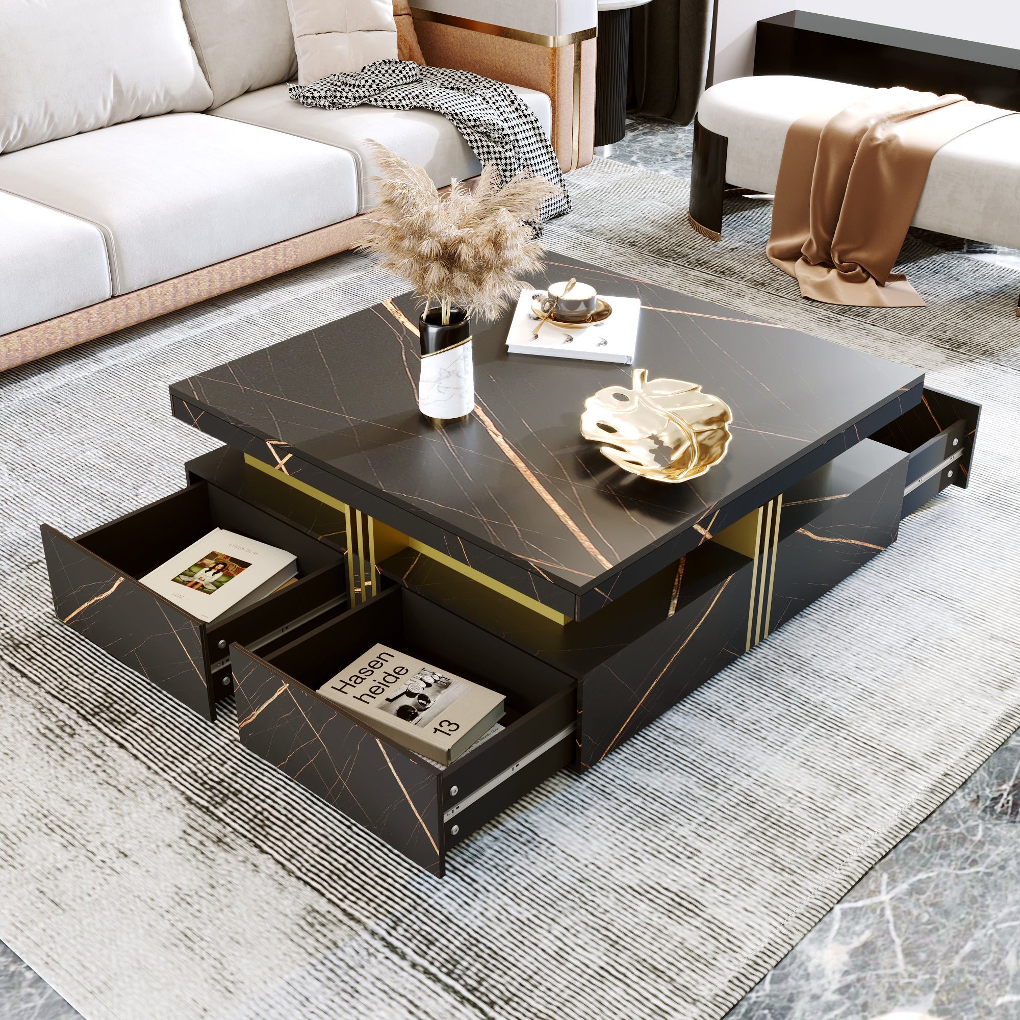 Modern Black Square Storage Coffee Table With 4 Drawers - Grand Goldman Shop