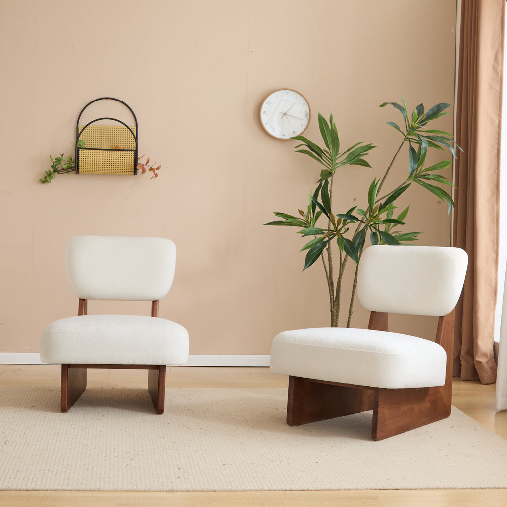 [Set of 2] Modern Beige Lounge Chair with Polyester Upholstery, Sturdy Wood Base With Walnut Finish, Minimalist and Stylish Accent Seating for Living Room, Bedroom, or Office - Grand Goldman Shop