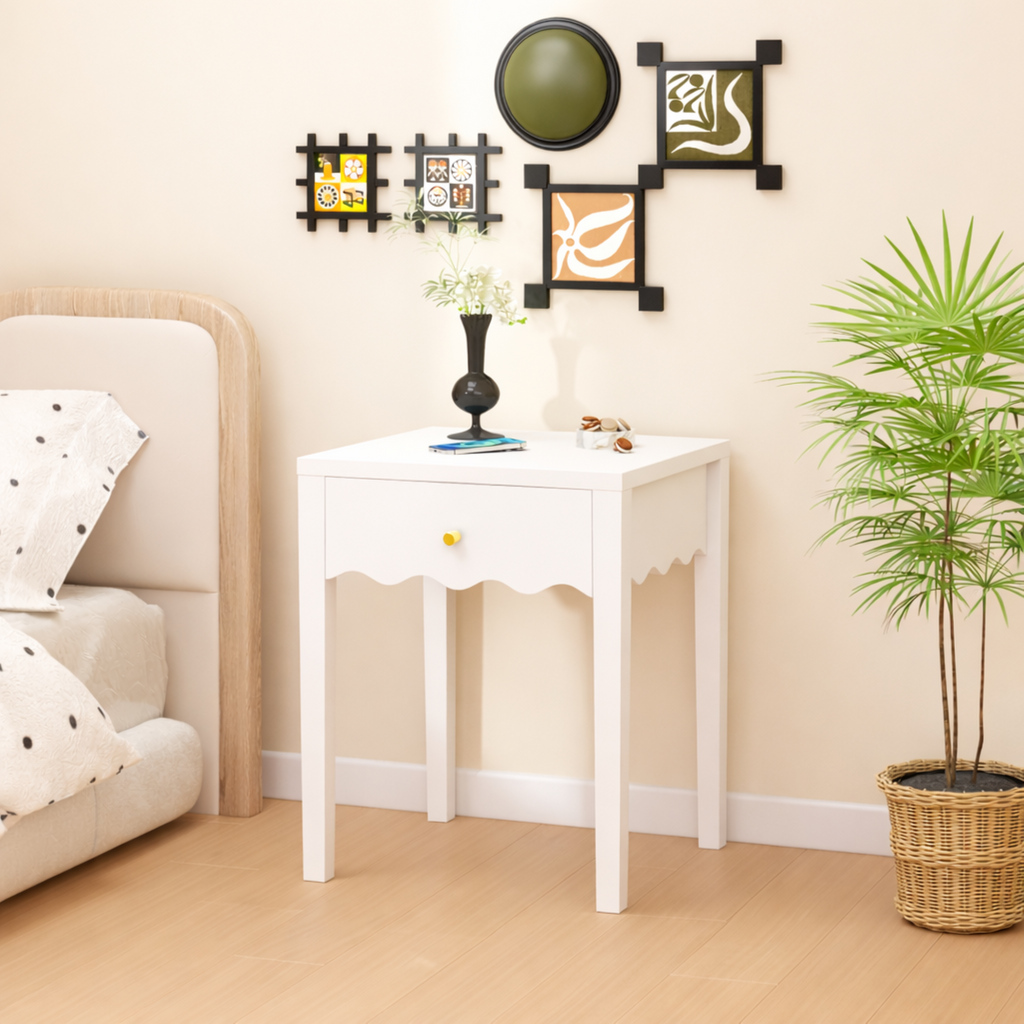 White Nightstand with Drawer, Modern Bedside Table with Wavy Apron Design, Compact End Table for Bedroom Living Room, Small Side Table with Storage - Grand Goldman Shop