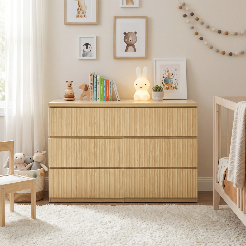 6 Drawer Storage Cabinet ,Dresser, Wood Storage Tower Clothes Organizer with Wavy drawer panel, Wide Chest of 6 Drawers, Large Storage Space for Bedroom, Hallway, Entryway Living Room Natural - Grand Goldman Shop