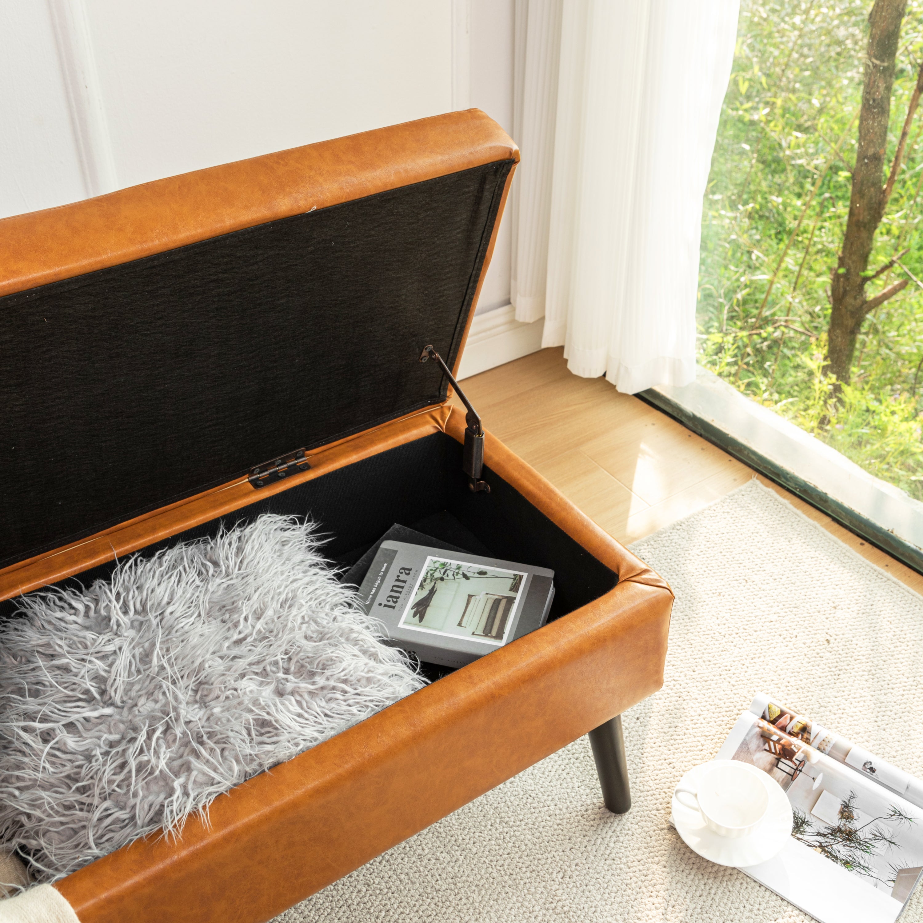 Storage Bench with Storage Bench for Bedroom End of Bed Bench Foot of Bed Bench Entryway Bench Storage Ottoman Bench 43.3' W x 17.7' Brown Leather Bench - Grand Goldman Shop
