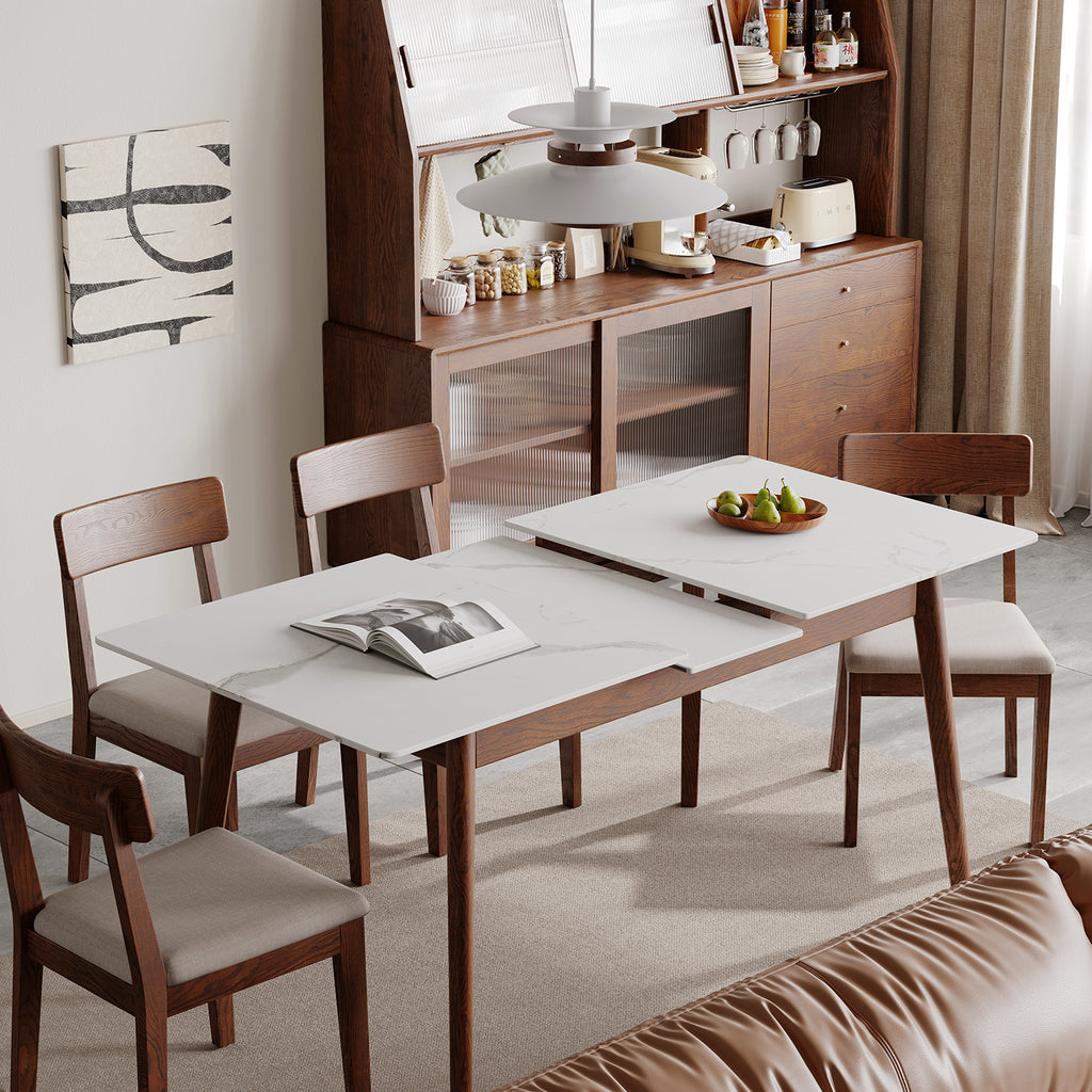 Walnut Solid Oak and White Slate Telescopic Dining Table for 6-8 People, Wood (Walnut Color) - Grand Goldman Shop