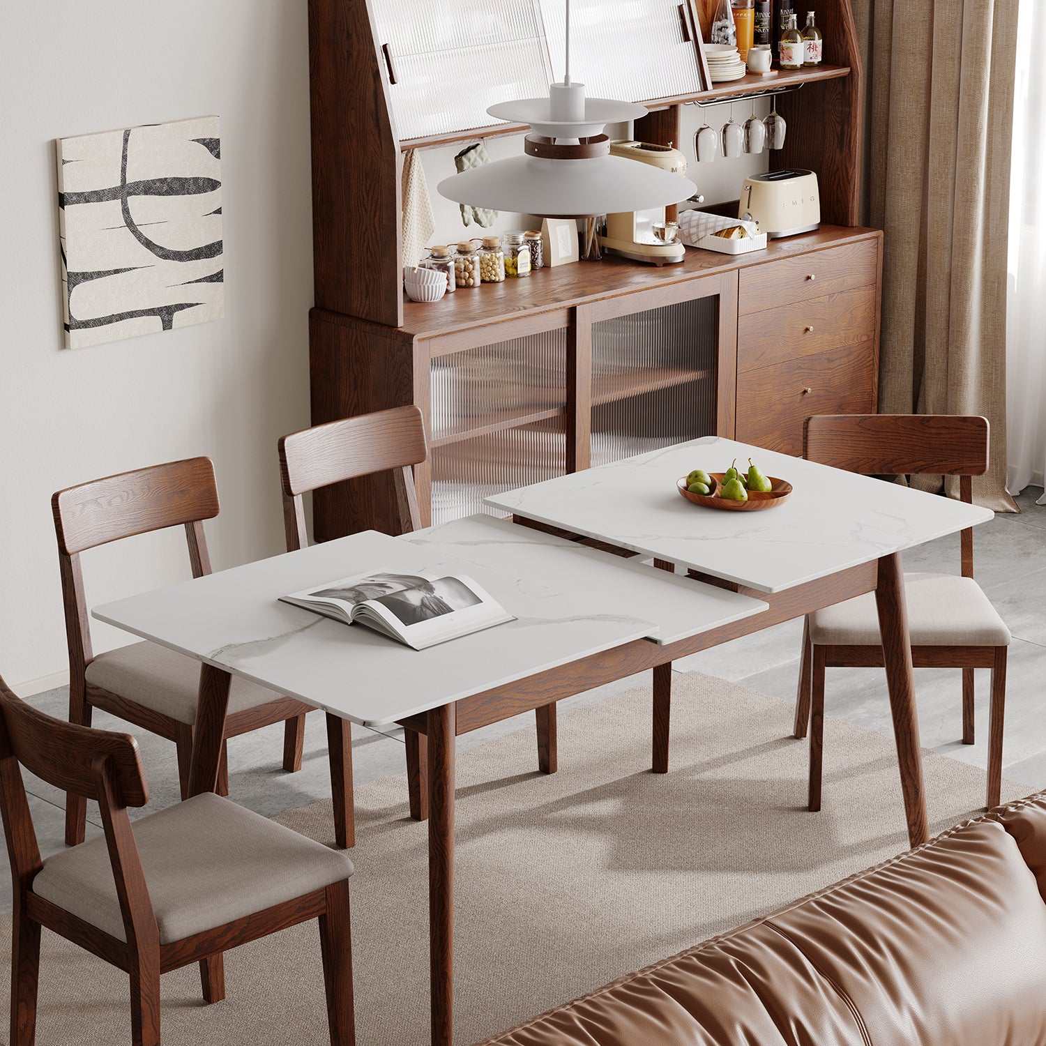 Walnut Solid Oak and White Slate Telescopic Dining Table for 6-8 People, Wood (Walnut Color) - Grand Goldman Shop