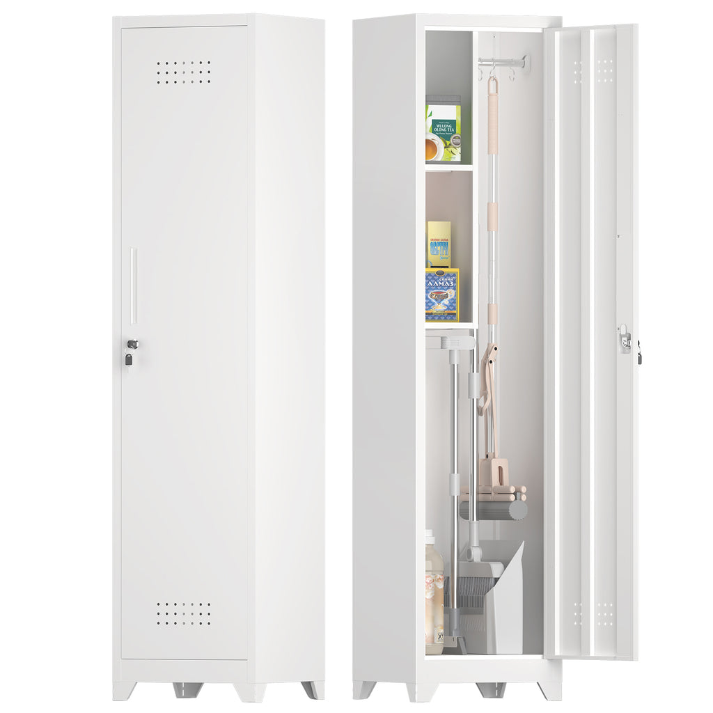 Metal Broom Storage Cabinet, 65' Narrow Broom Cabinet With Hooks, Slim Bathroom Storage Cabinet With Shelves, Heavy-Duty Clea